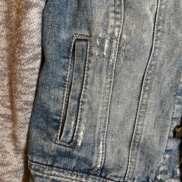 Free People Distressed Denim Knit Sleeves Jean Jacket - Picture 8 of 16